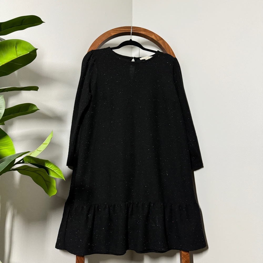 LOFT LARGE Black Multicolored Textured Flounce 3/4 Sleeve Knit Dress